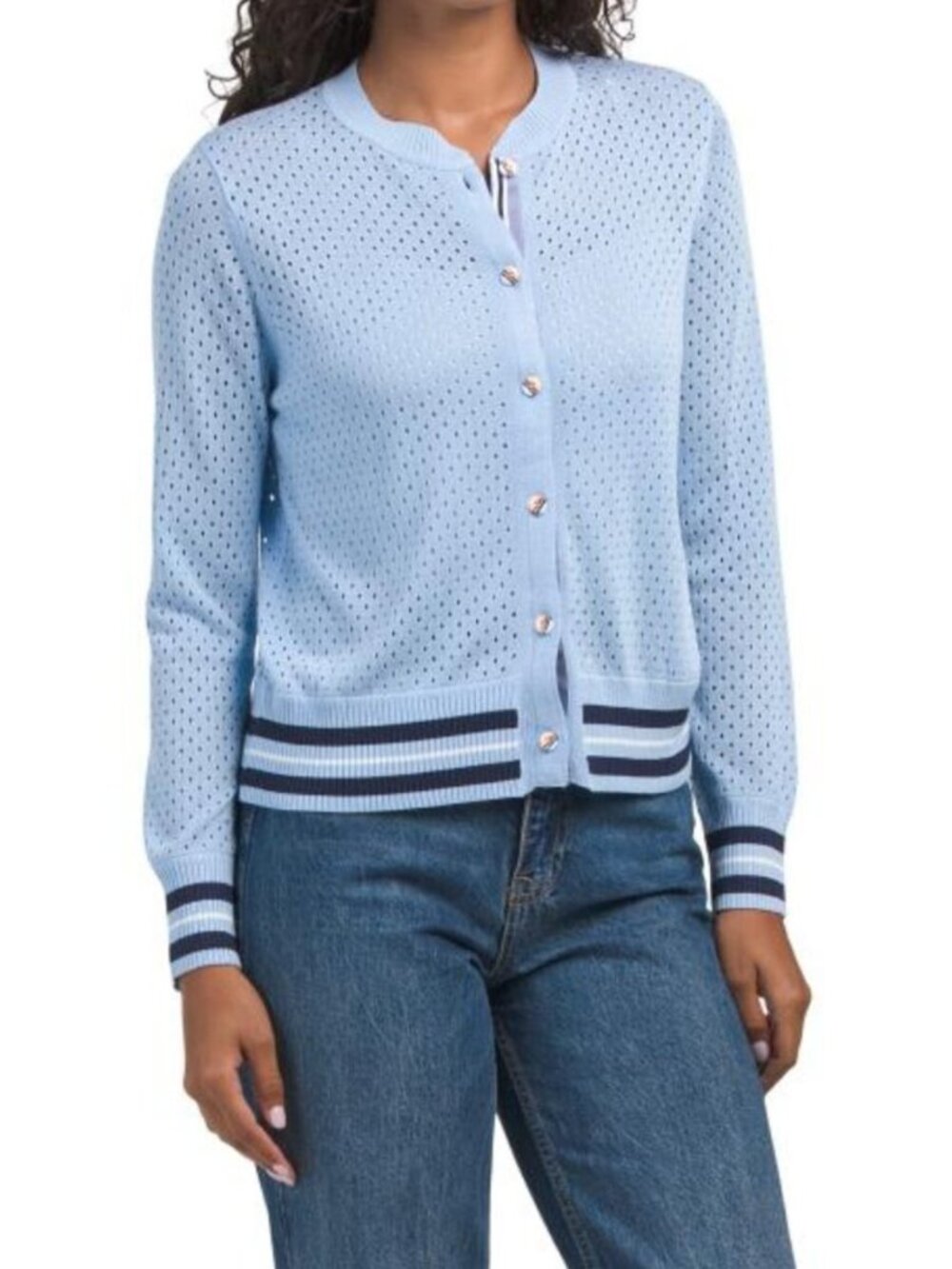 NANCY YANG Eyelet Cardigan With Round Collar